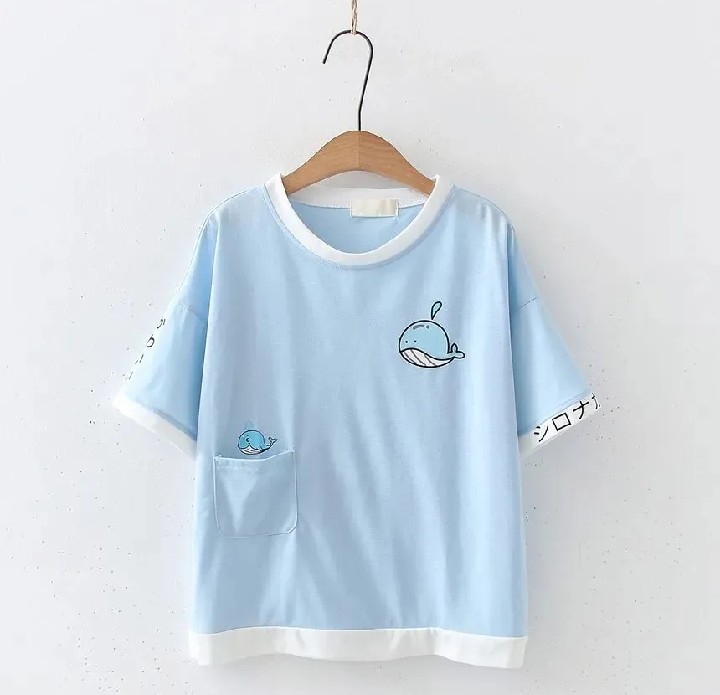 Cute Little Shark Print Short Sleeve For Women Jersey Fabric