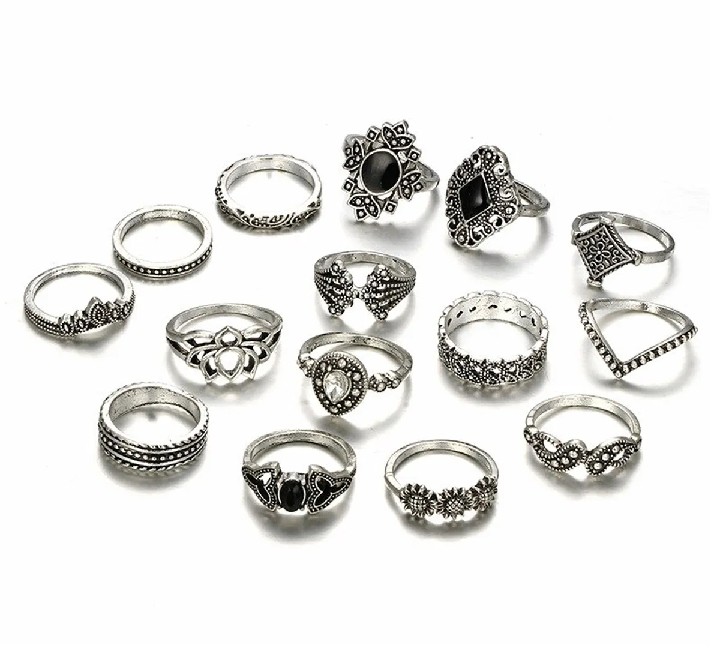 15 Piece/Set Bohemian Retro Crystal Flower Leaves Leaves Blank Padma Gem Silver Ring