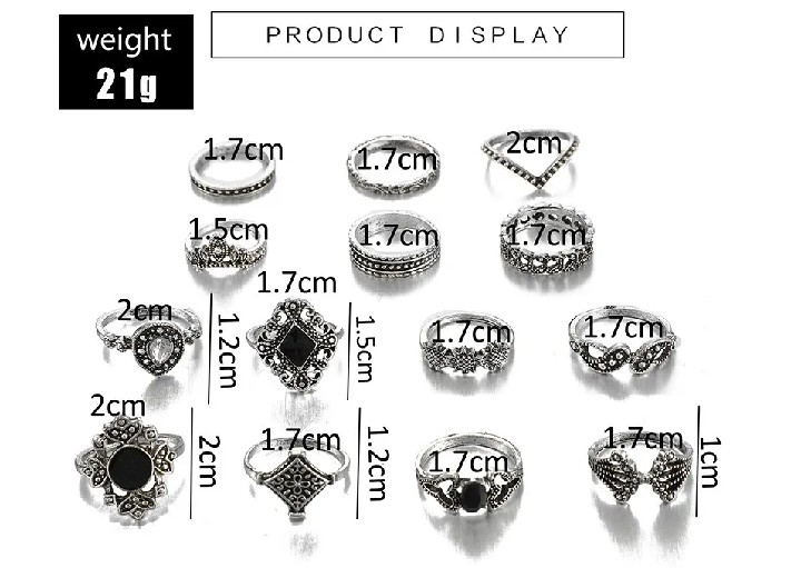 15 Piece/Set Bohemian Retro Crystal Flower Leaves Leaves Blank Padma Gem Silver Ring