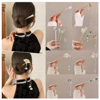 Elegant Chinese Style Ancient Style Tassel Hairpin Vintage Tassel Flower Bamboo Chopsticks Pearl Rhinestone Hairpin Hair Clip for Women Girls