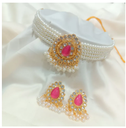 Alloy Earring and Necklace Set Gold Plated Pearl Zirconia Choker Elegant Design-Ring Size-Adjustable