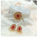 Alloy Earring and Necklace Set Gold Plated Pearl Zirconia Choker Elegant Design-Ring Size-Adjustable