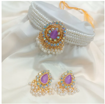 Alloy Earring and Necklace Set Gold Plated Pearl Zirconia Choker Elegant Design-Ring Size-Adjustable