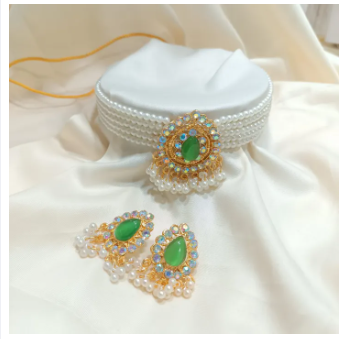 Alloy Earring and Necklace Set Gold Plated Pearl Zirconia Choker Elegant Design-Ring Size-Adjustable