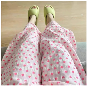 Summer Pajama Pants Woman Heart Print Trousers Gauze Home Trousers Casual Simple Ladies Sleeping Pants