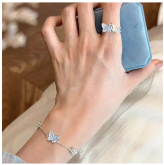 Light Luxury Shiny Zircon Butterfly Bracelet For Women Blue Rhinestone Double Butterfly Necklace Earring Set Girls Party Jewelry