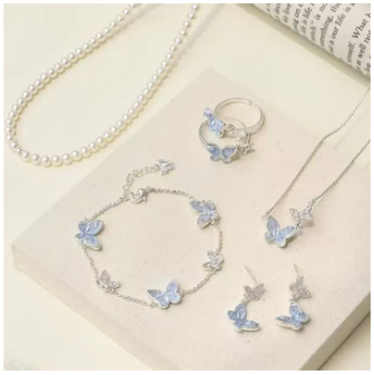 Light Luxury Shiny Zircon Butterfly Bracelet For Women Blue Rhinestone Double Butterfly Necklace Earring Set Girls Party Jewelry