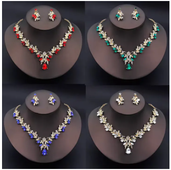3PC Cross Mirror European and American Exaggerated Banquet Gemstone Necklace Earnail Set for Women's High End Retro Jewelry