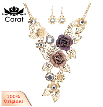 Carat Women Rhinestone Inlaid Hollow Leaf Flower Pendant Earrings Necklace Jewelry Set