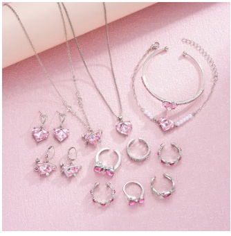 14 Pcs/Set Pink Crystal Jewelry Set for Women Y2k Kpop Cute Girl Heart Pendant Necklace Earring Bracelet Ring Trendy Jewelry New