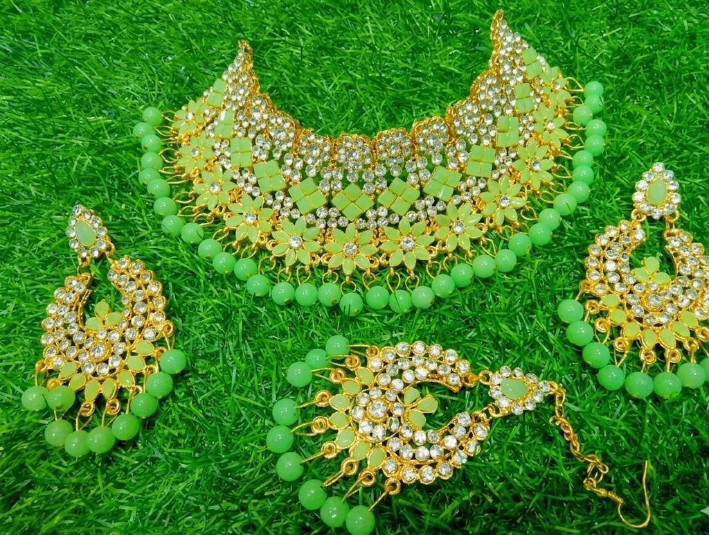 New Neckless For Women International Grated In Indian Gold Plated Thai Stone Jewellery Necklace Set Traditional Gold Plated Wedding Choker Necklace Earrings And Tikli Jewellery Set Traditional - Necklace For Girls