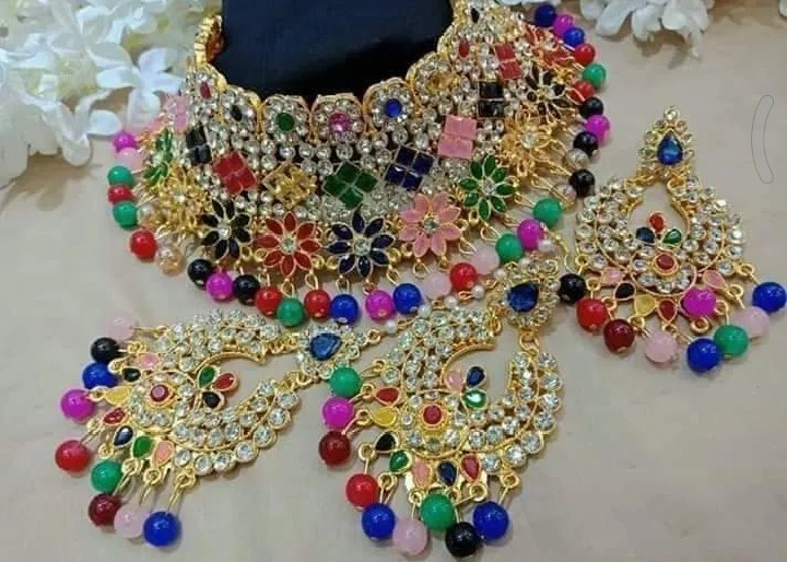 New Neckless For Women International Grated In Indian Gold Plated Thai Stone Jewellery Necklace Set Traditional Gold Plated Wedding Choker Necklace Earrings And Tikli Jewellery Set Traditional - Necklace For Girls