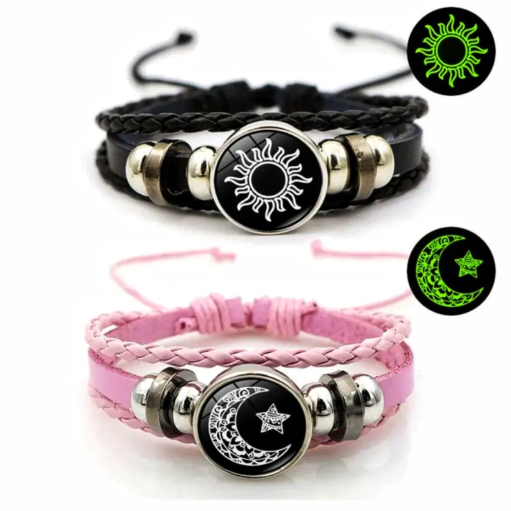 Solid Color Three-layer Couple Bracelet Sun Moon Adjustable Bracelet Wrist Rope Luminous Bead Woven Bracelet Daily