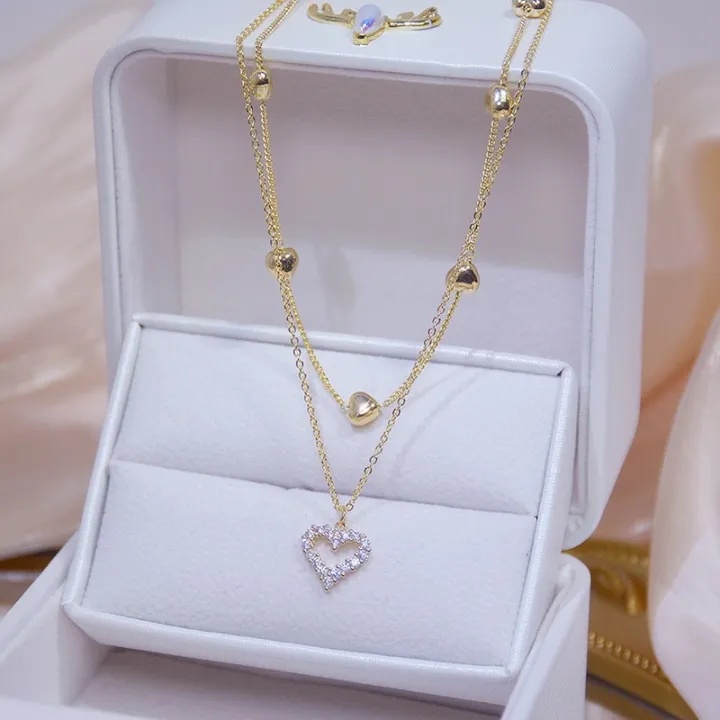 Korean Double Layer Heart Necklace Shiny Bling Zircon For Women Clavicle Chain Elegant Charm Wedding Pendant Choker Jewelry Gift - Necklace
