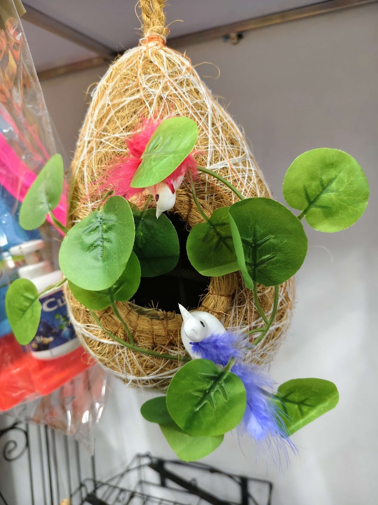 Hanging Babui Pakhir Basha with Birds & Plastic Plant - Natural Look Bird Nest Décor 15" Home & Garden Decoration
