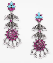 Simulated Ruby Oxidized Silver Earrings