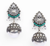 Pearl and Green Stone Oxidized Silver Chandelier Earrings
