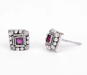 Simulated Ruby Oxidized Silver Earrings