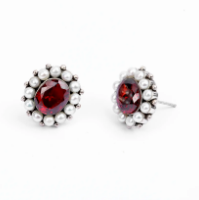 Pearl and Simulated Garnet Oxidized Silver Earrings