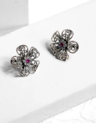 Simulated Ruby Oxidized Silver Earrings
