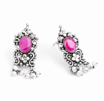 Pearl and Simulated Ruby Silver Earrings
