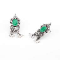Pearl and Simulated Emerald Oxidized Silver Earrings