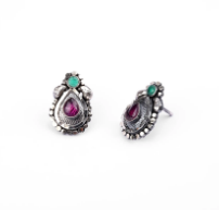 Simulated Ruby Oxidized Silver Earrings