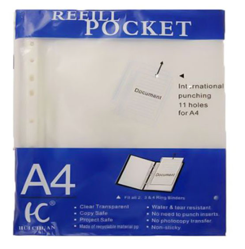 Hua Chuan Sheet Protector, 11 Hole Loose Leaf, A4, Copysafe, PP Material, Pack of 100 Sheets