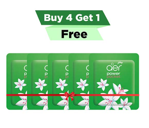 Godrej Aer Power Pocket Bathroom Fragrance, Jasmine Floral Delight, 10gm (Buy 4 Get 1 Free)