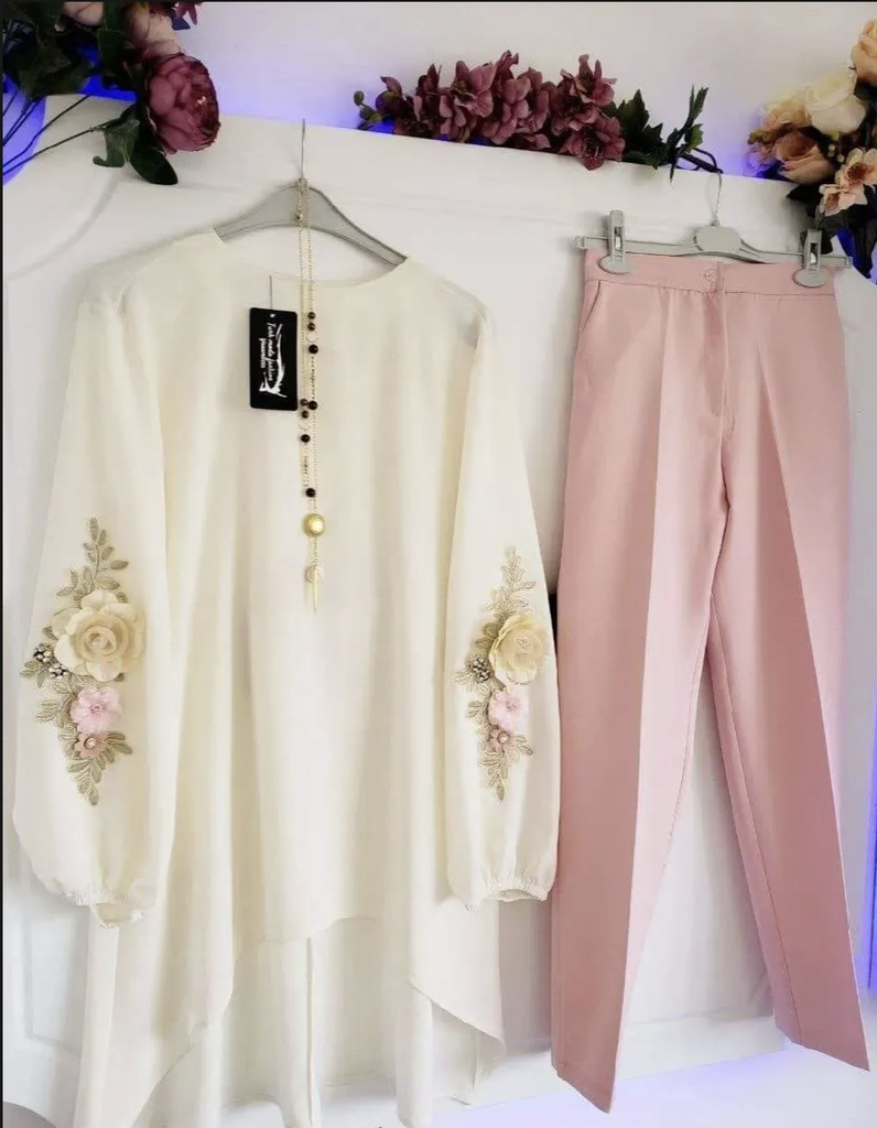 Western Fashion Stylis Pant Tops Co-ord set White color Alex Georgette Ladies Dress for Girls