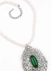 Pearl and Simulated Emerald Silver Necklace