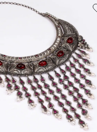 Simulated Stone and Pearl Studded Oxidized Silver Necklace