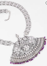 Pearl and Simulated Purple Stone Oxidized Silver Necklace