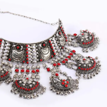 Simulated Stone And Pearl Studded Oxidized Silver Necklace