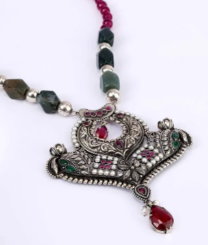 Pearl & Simulated Stone Oxidized Silver Necklace