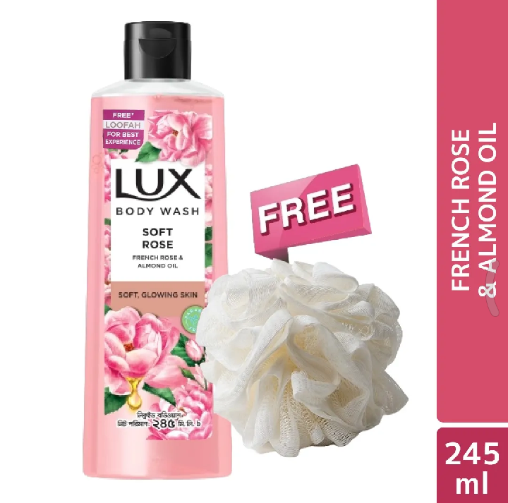 Lux Body Wash French Rose & Almond 245ml (Free Loofah)