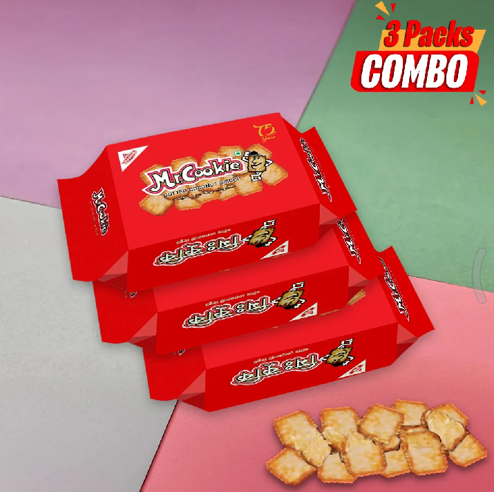 Mr. Cookie Family - Combo of 3 Packs (175g Each) | Butter & Coconut Flavored Crispy Biscuits by Haque