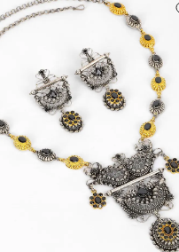 Black Stone Oxidized Silver Gold Plated Necklace Set