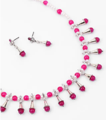Pearl and Simulated Ruby Oxidized Silver Necklace Set