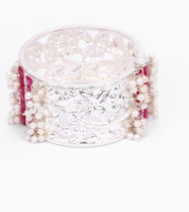 White Pearl and Simulated Ruby Silver Bangle