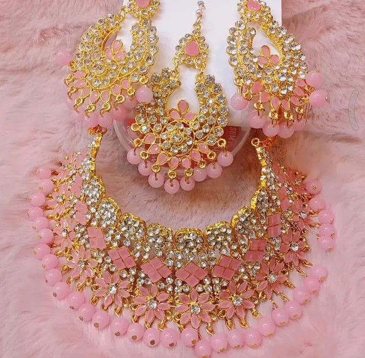 New Neckless For Women International Grated In Indian Gold Plated Thai Stone Jewellery Necklace Set Traditional Gold Plated Wedding Choker Necklace Earrings And Tikli Jewellery Set Traditional - Necklace For Girls