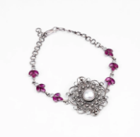 Pearl and Simulated Ruby Oxidized Silver Bracelet