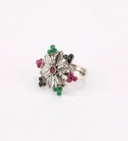 Simulated Stone Studded Oxidized Silver Ring