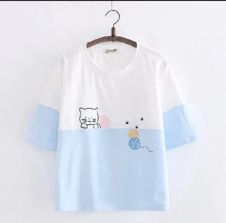 Cartoon Kitty Print Short Sleeve For Women Jersey Fabric