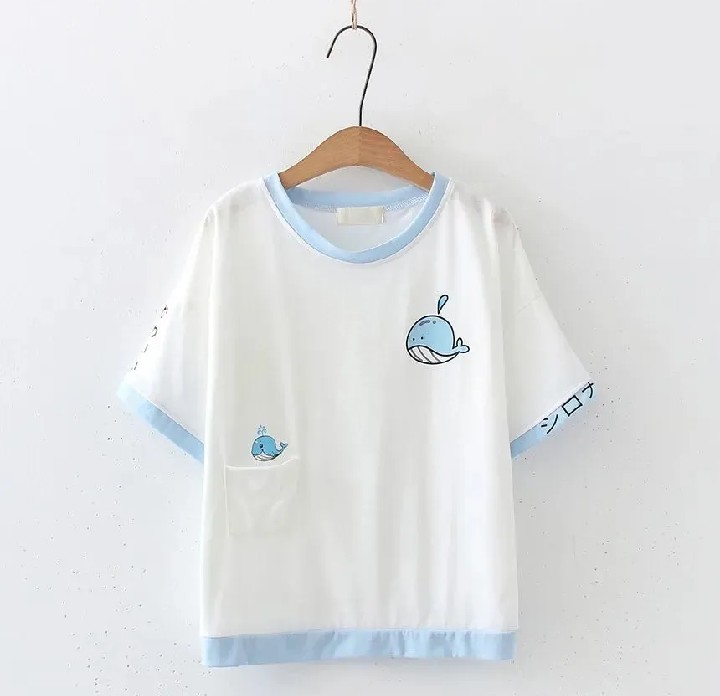 Cute Little Shark Print Short Sleeve For Women Jersey Fabric