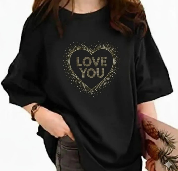Premium Cotton Navy -blue & Black T-shirt for women..(Love You) Haert Diamond/Stone Work.. Casual and Trendy Half Sleeve Top.