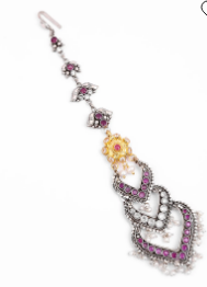 Pearl and Simulated Ruby Oxidized Silver Tikli