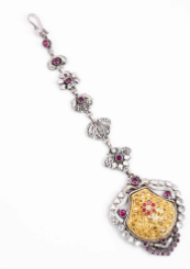 Pearl and Simulated Ruby Oxidized Silver Tikli