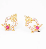 Pearl & Simulated Ruby Gold Earrings