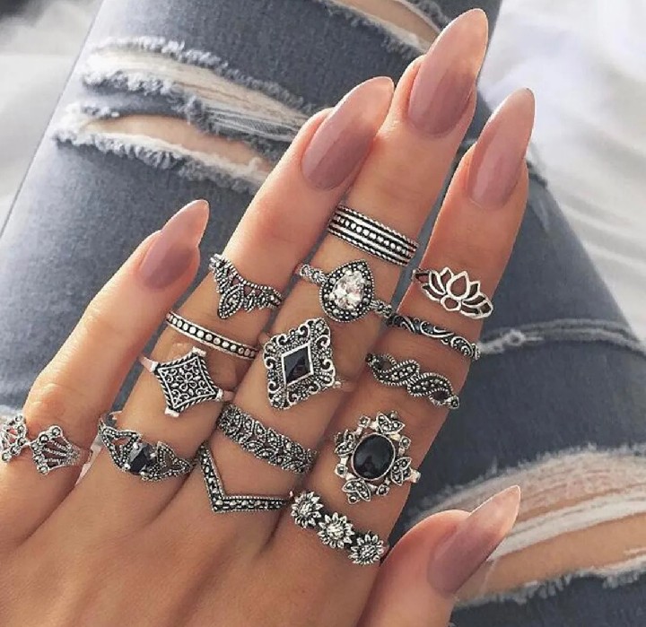 15 Piece/Set Bohemian Retro Crystal Flower Leaves Leaves Blank Padma Gem Silver Ring